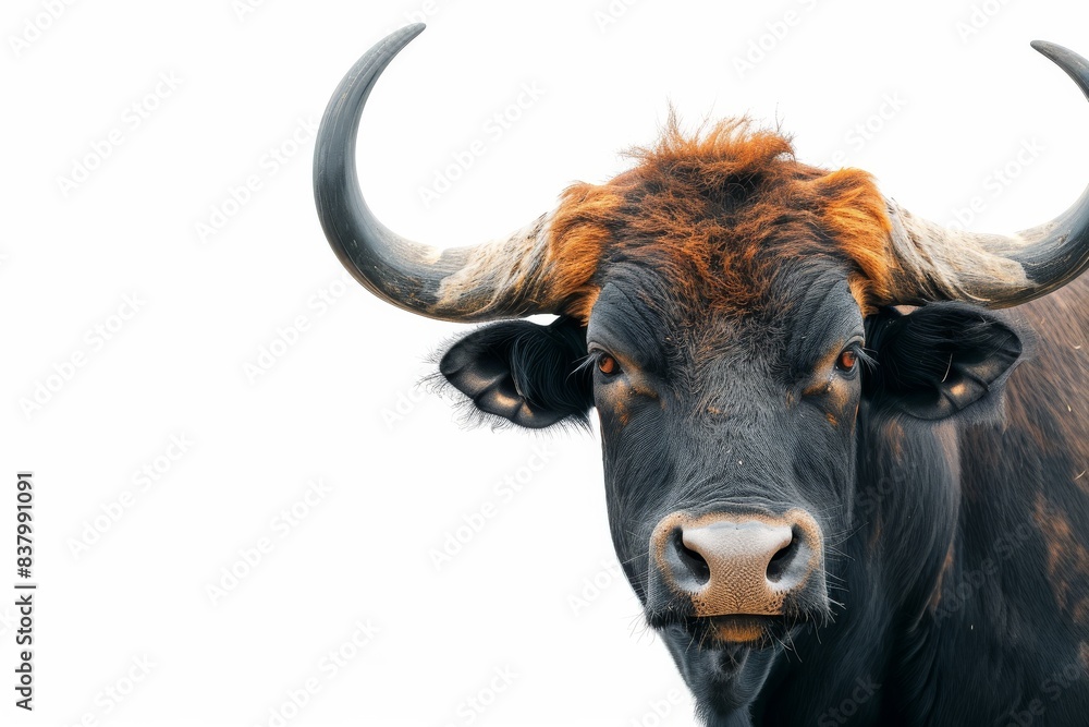 Mystic portrait of Gaur, copy space on right side, Anger, Menacing, Headshot, Close-up View Isolated on white background Mystic portrait of Gaur, copy space on right side, Anger, Menacing, Headshot, Close-up View Isolated on white background
