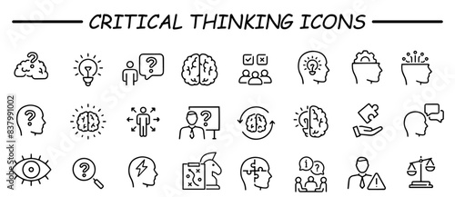 Critical thinking icon set. Containing think, problem-solving, analysis, reasoning, evaluation, experience, research, logic and listening icons. Solid icon collection.