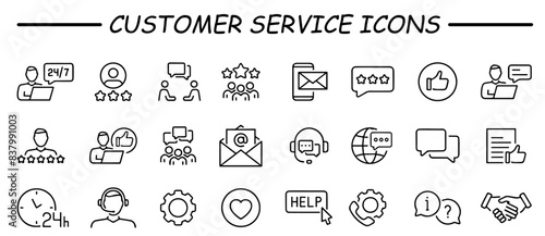 Customer service icon set. Containing customer satisfied, assistance, experience, feedback, operator and technical support icons. Solid icon collection.