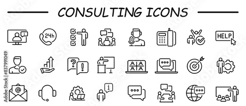Customer service icons set, can be used to illustrate ordering products through e-shop, customer helpline service, solving problems, returning products etc.