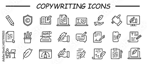 Copywriting icon set. Simple Set of Text Related Vector Line Icons. Contains such Icons as Write Review, Creative Article Writing, Internet Content Editing and more.