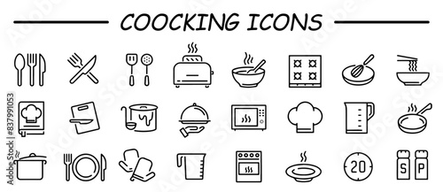 Cooking line icons. Boiling time, Frying pan and Kitchen utensils. Fork, spoon and knife line icons. Recipe book, chef hat and cutting board. Cooking book, frying time, hot pan. Vector