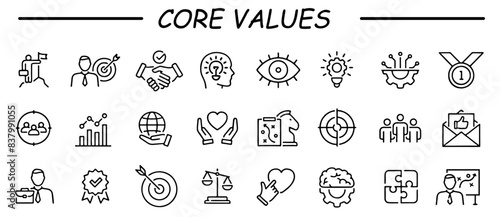 Integrity, Target purpose and Strategy. Core values line icons. Trust handshake, social responsibility, commitment goal icons. Growth chart, innovation, core values network. Vector
