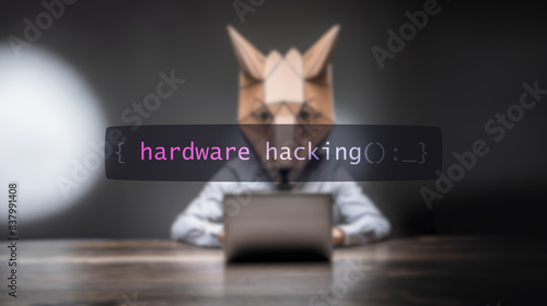 Cybersecurity concept hardware hacking on foreground screen, hacker silhouette hidden with low poly style mask. Vulnerability and attack on colored code editor. Text in English, English text photo