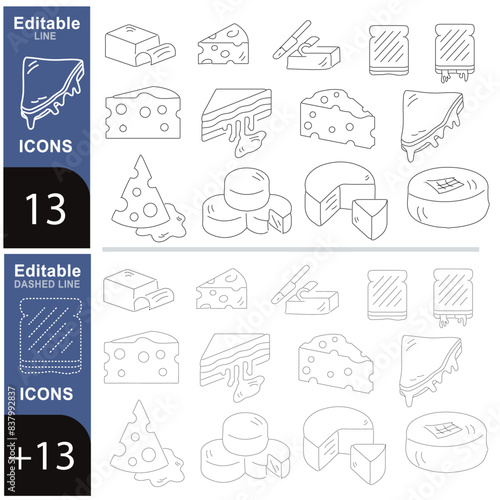 Set di icone della linea piatta del formaggio. Parmigiano, mozzarella, yogurt, olandese, ricotta, burro, illustrazioni vettoriali a pezzi di chees Segni di contorno per il negozio di prodotti