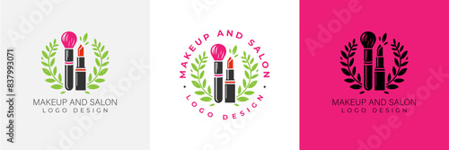 Makeup artist logo logo concept. Beauty Set for make-up: lipstick, mascara brush, makeup brush and leaves. beauty salon Logo vector template illustration