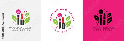 Makeup artist logo logo concept. Beauty Set for make-up: lipstick, mascara brush, makeup brush and leaves. beauty salon Logo vector template illustration