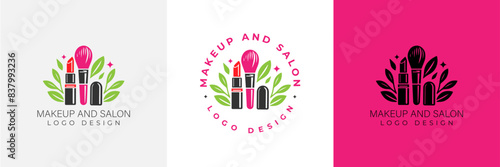 Makeup artist logo logo concept. Beauty Set for make-up: lipstick, mascara brush, makeup brush and leaves. beauty salon Logo vector template illustration