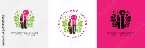 Makeup artist logo logo concept. Beauty Set for make-up: lipstick, mascara brush, makeup brush and leaves. beauty salon Logo vector template illustration