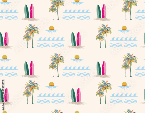 Hand Draw Art Summer women surfer Tropical Palm Tree Island With Hawaii Islanders Surf Activity, Floral Seamless