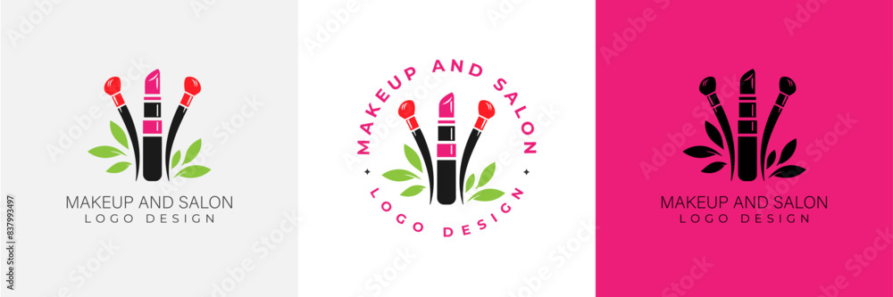 Makeup artist logo logo concept. Beauty Set for make-up: lipstick, mascara brush, makeup brush and leaves. beauty salon Logo vector template illustration Makeup artist logo logo concept. Beauty Set for make-up: lipstick, mascara brush, makeup brush and leaves. beauty salon Logo vector template illustration