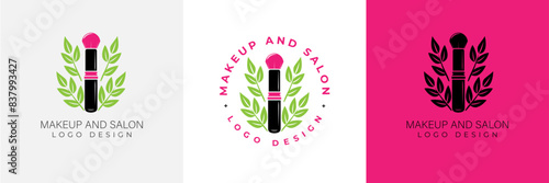 Makeup artist logo logo concept. Beauty Set for make-up: lipstick, mascara brush, makeup brush and leaves. beauty salon Logo vector template illustration