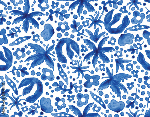 Blue Summer tropical watercolor flower nature art seamless pattern vector illustration. Modern hand drawn painting,