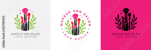Makeup artist logo logo concept. Beauty Set for make-up: lipstick, mascara brush, makeup brush and leaves. beauty salon Logo vector template illustration