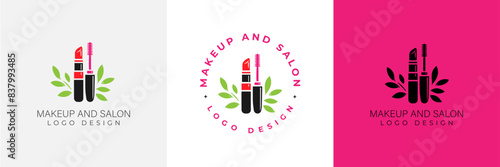 Makeup artist logo logo concept. Beauty Set for make-up: lipstick, mascara brush, makeup brush and leaves. beauty salon Logo vector template illustration