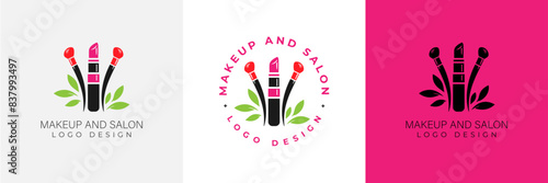 Makeup artist logo logo concept. Beauty Set for make-up: lipstick, mascara brush, makeup brush and leaves. beauty salon Logo vector template illustration