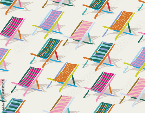 Cute Hand drawn Vector Colorful beach chair  Travel background with Striped , dots Seamless pattern