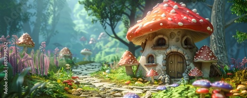 cartoon house in a mushroom in the forest.