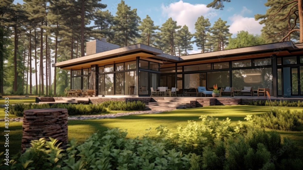 a modern house surrounded by trees. The house has a contemporary architectural design with large windows and a spacious terrace overlooking the garden a modern house surrounded by trees. The house has a contemporary architectural design with large windows and a spacious terrace overlooking the garden