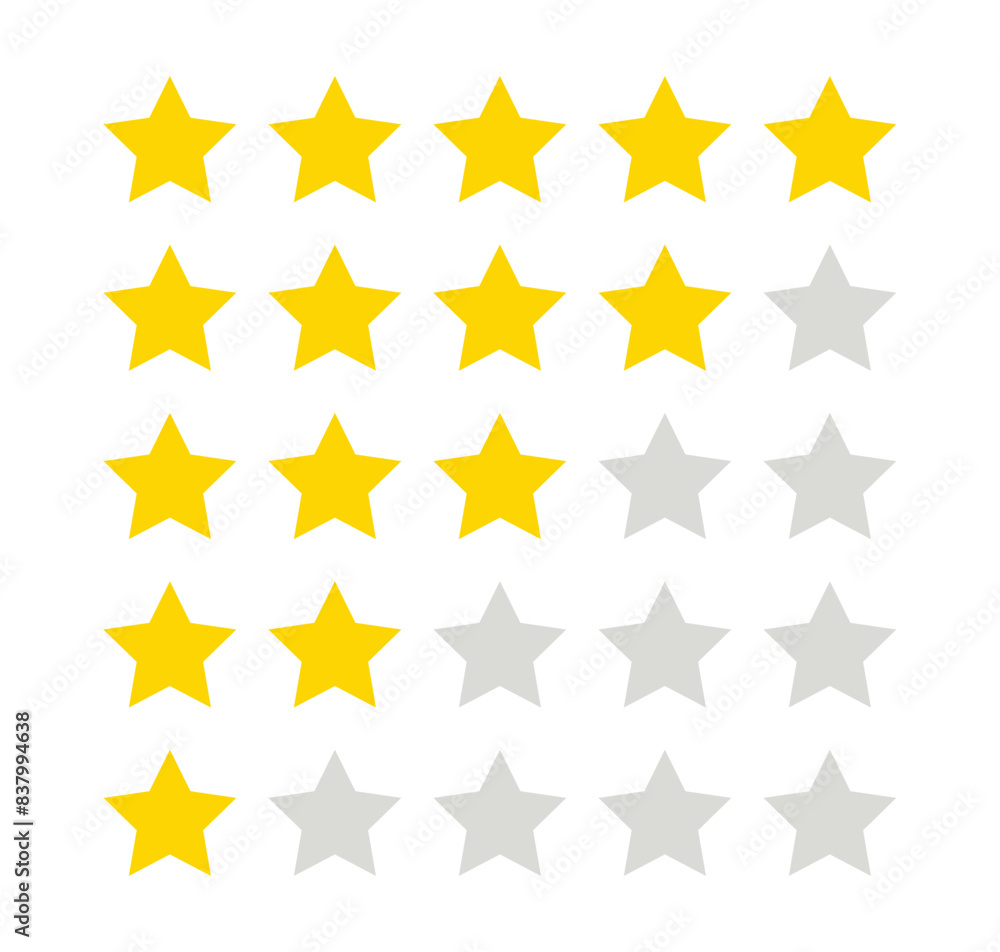 Gold Stars rating icon set, five star rating, Vector illustration.