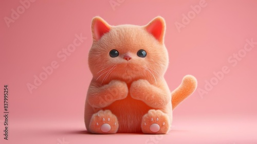 A cute and fluffy orange cat sits on a pink background. The cat has its paws together and is looking at the camera with big, round eyes. © Kasitthanin