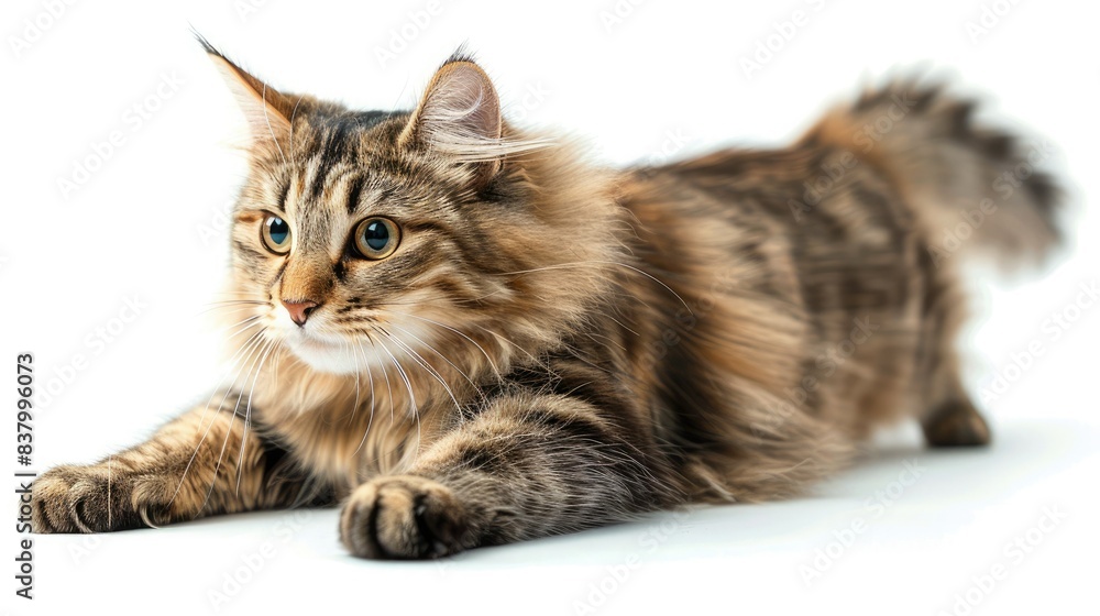Naklejka premium A beautiful, long-haired tabby cat with striking fur patterns and green eyes laying down on a white background.