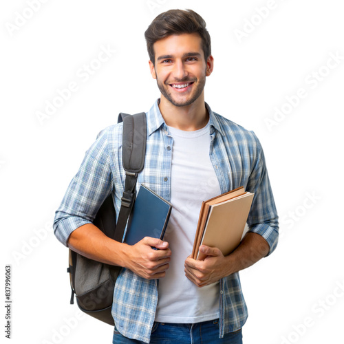 Portrait of smiling  university student boy with backpack and holding books,  isolated on white background