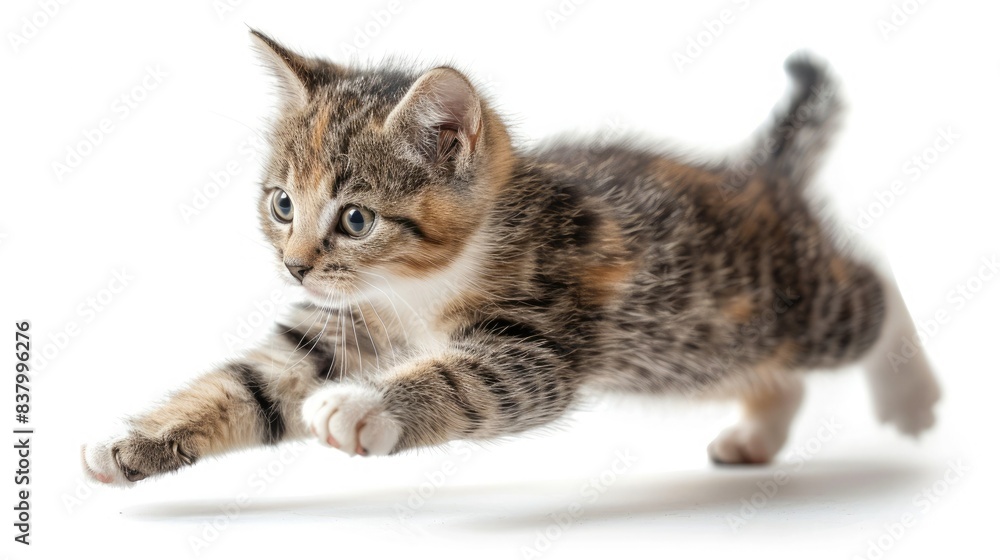 Obraz premium Adorable playful kitten leaping in mid-air against white background. High-energy and cute feline action capture. Perfect for pet and animal themes.