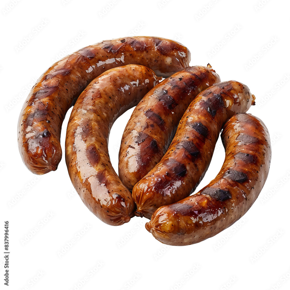 Grilled sausages isolated on white background. Perfect for BBQ, grilling, and summer recipes. High-quality meaty and juicy sausage stock photo. Grilled sausages isolated on white background. Perfect for BBQ, grilling, and summer recipes. High-quality meaty and juicy sausage stock photo.