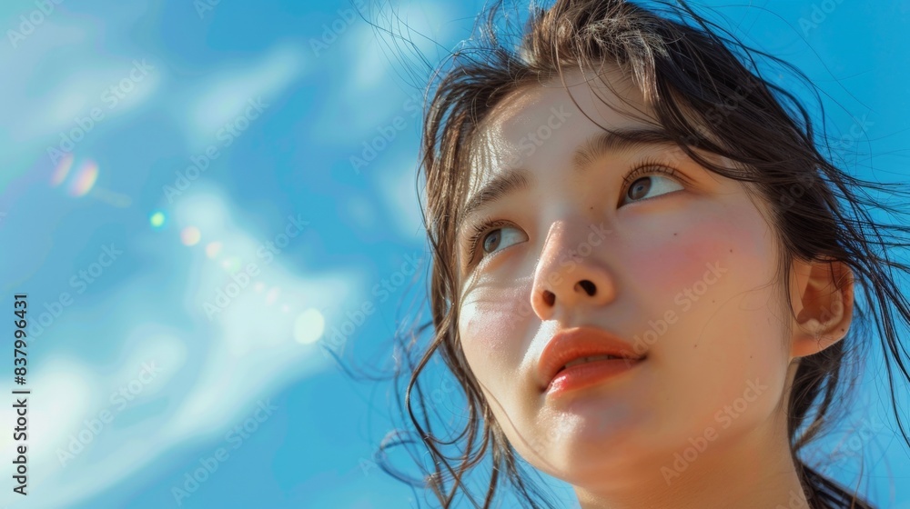 Beautiful Asian woman with clear skin against a blue sky background Beautiful Asian woman with clear skin against a blue sky background