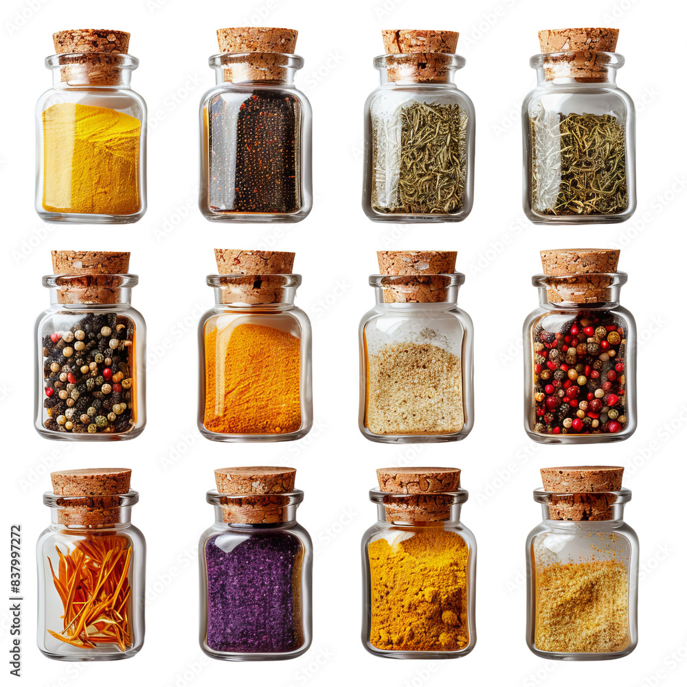 Set of glass jars with various colorful spices and herbs, sealed with cork stoppers, arranged in a 3x4 grid on a white background. Set of glass jars with various colorful spices and herbs, sealed with cork stoppers, arranged in a 3x4 grid on a white background.
