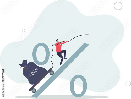 man trying hard to pulling heavy money bag labeled as loan up the hill on percentage sign.flat vector illustration.