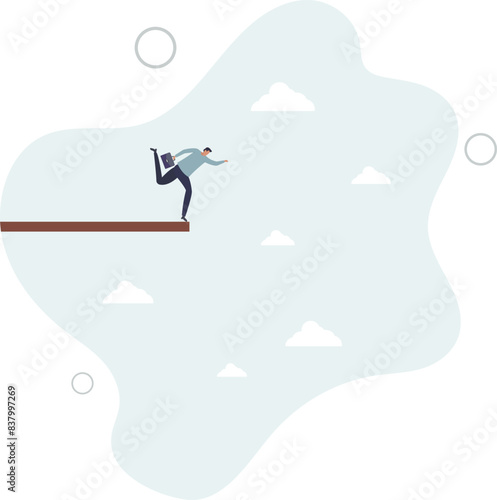 businessman standing on high jumping wood in the sky looking down with fear of height.flat vector illustration.