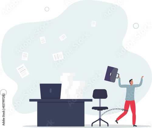 depressed businessman prisoner found himself chained with working desk.flat vector illustration.