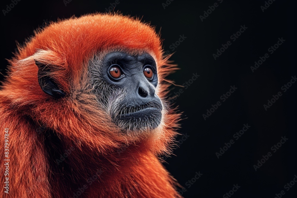 Obraz premium Mystic portrait of Bornean Agile Gibbon, copy space on right side, Anger, Menacing, Headshot, Close-up View Isolated on black background