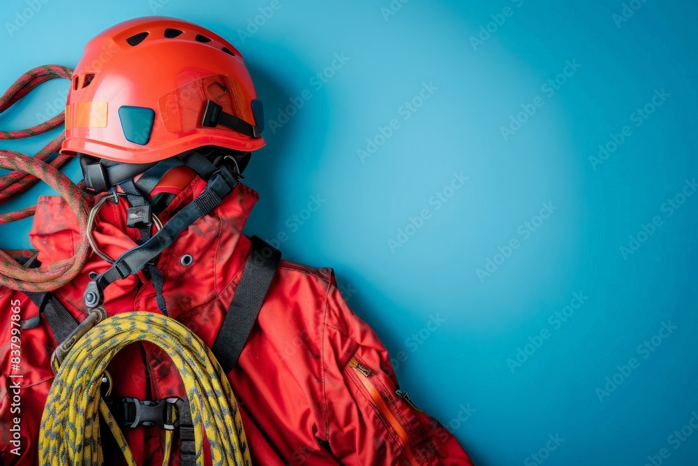 Obraz premium A red helmet, safety harness, and rope laid out on a blue background, ready for an exciting climb.
