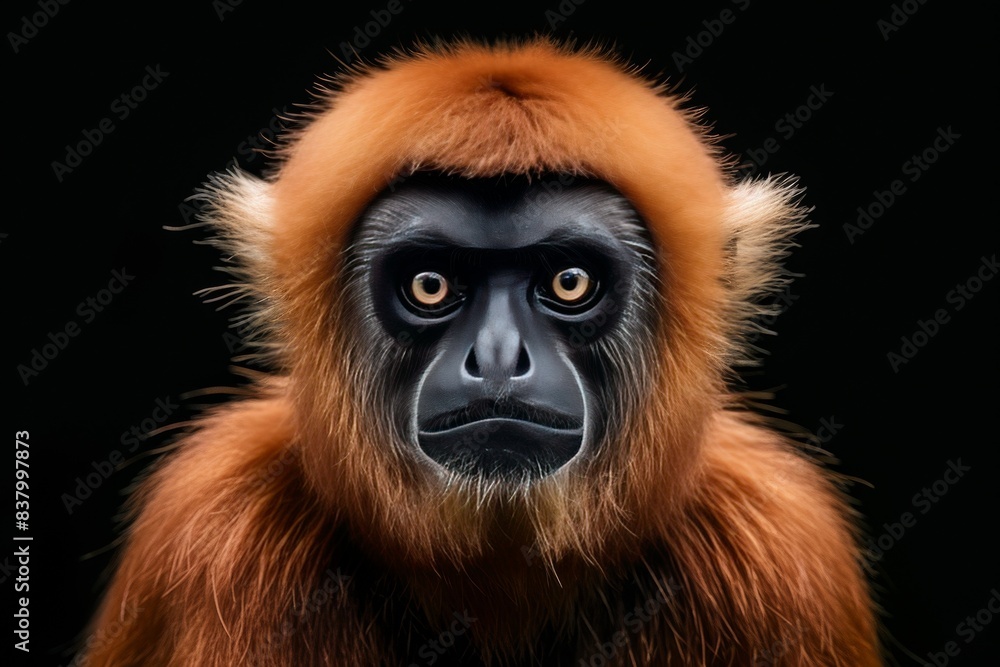 Obraz premium Mystic portrait of Bornean Agile Gibbon, copy space on right side, Anger, Menacing, Headshot, Close-up View Isolated on black background