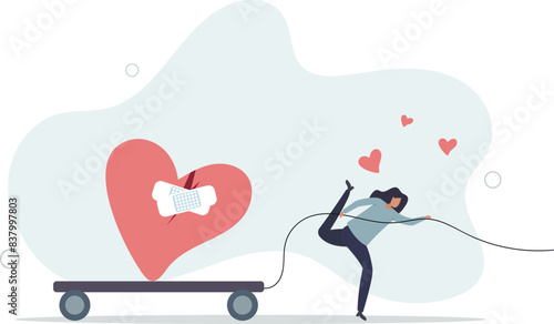 happy woman walking with bandage repaired heart shape.flat vector illustration.