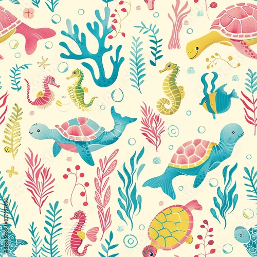 A whimsical underwater pattern with adorable turtles  seahorses  and seaweed in a hand-drawn style. The illustration features a loose and carefree feel  creating a charming and whimsical design.