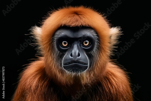 Mystic portrait of Bornean Agile Gibbon  copy space on right side  Anger  Menacing  Headshot  Close-up View Isolated on black background