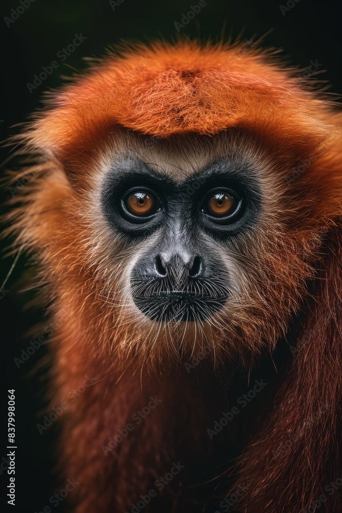 Fototapeta premium Mystic portrait of Bornean Agile Gibbon, copy space on right side, Anger, Menacing, Headshot, Close-up View isolated on black background