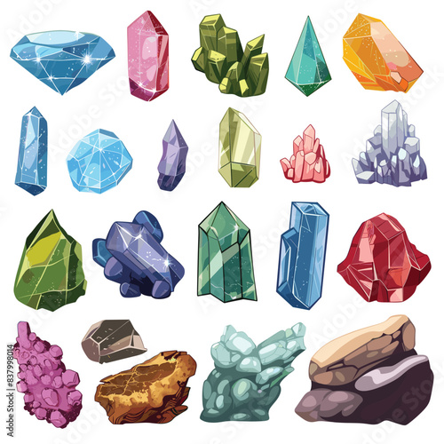 Collection colorful gemstones crystals various shapes sizes. Set jewel, precious stone, mineral illustrations used jewelry decoration. Cartoon style assorted gems rocks isolated white background