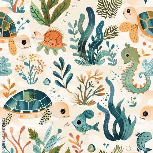 A cute underwater pattern with adorable turtles  seahorses  and seaweed in a contemporary style. The illustration features a mix of textures and playful details  creating a charming and whimsical