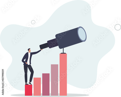 smart businessman look through big telescope on growing graph.flat vector illustration.