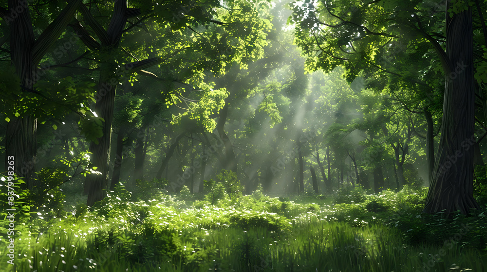 Obraz premium A tranquil forest clearing with dappled sunlight streaming through the trees