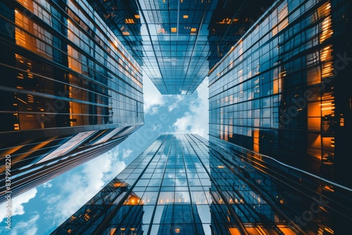 Modern high-rise buildings seen from a low angle  capturing the urban architecture against a bright blue sky with clouds  featuring reflective glass facades.