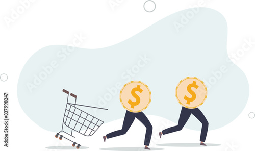 dollar money coins running away from aggressive hunting creditor shopping cart or trolley.flat vector illustration.