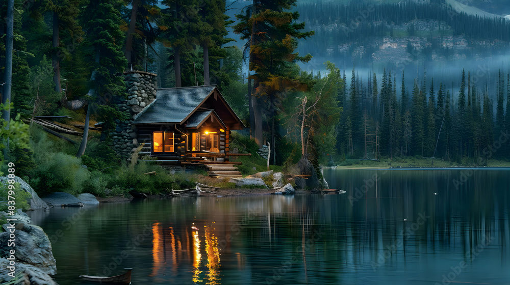 Fototapeta premium A cozy lakeside cabin nestled among towering pine trees