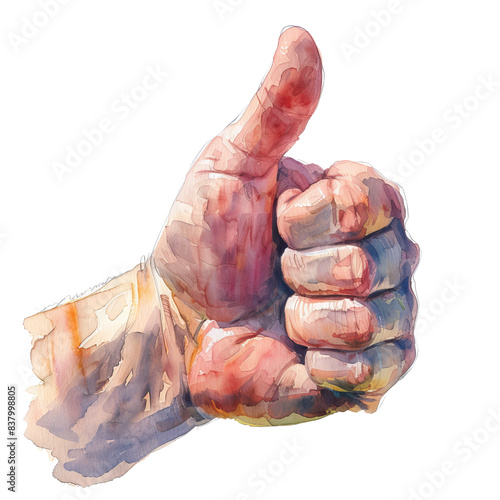 Watercolor painting of a hand giving a thumbs-up. Vibrant colors and detailed artwork depicting positivity and approval gesture.