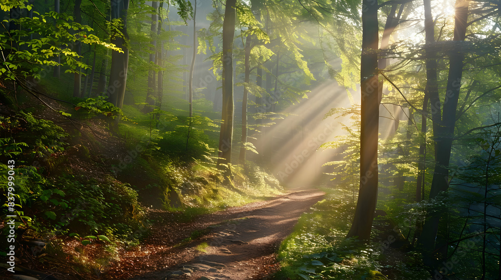 Obraz premium A scenic hiking trail through a dense forest with sunlight filtering through the trees